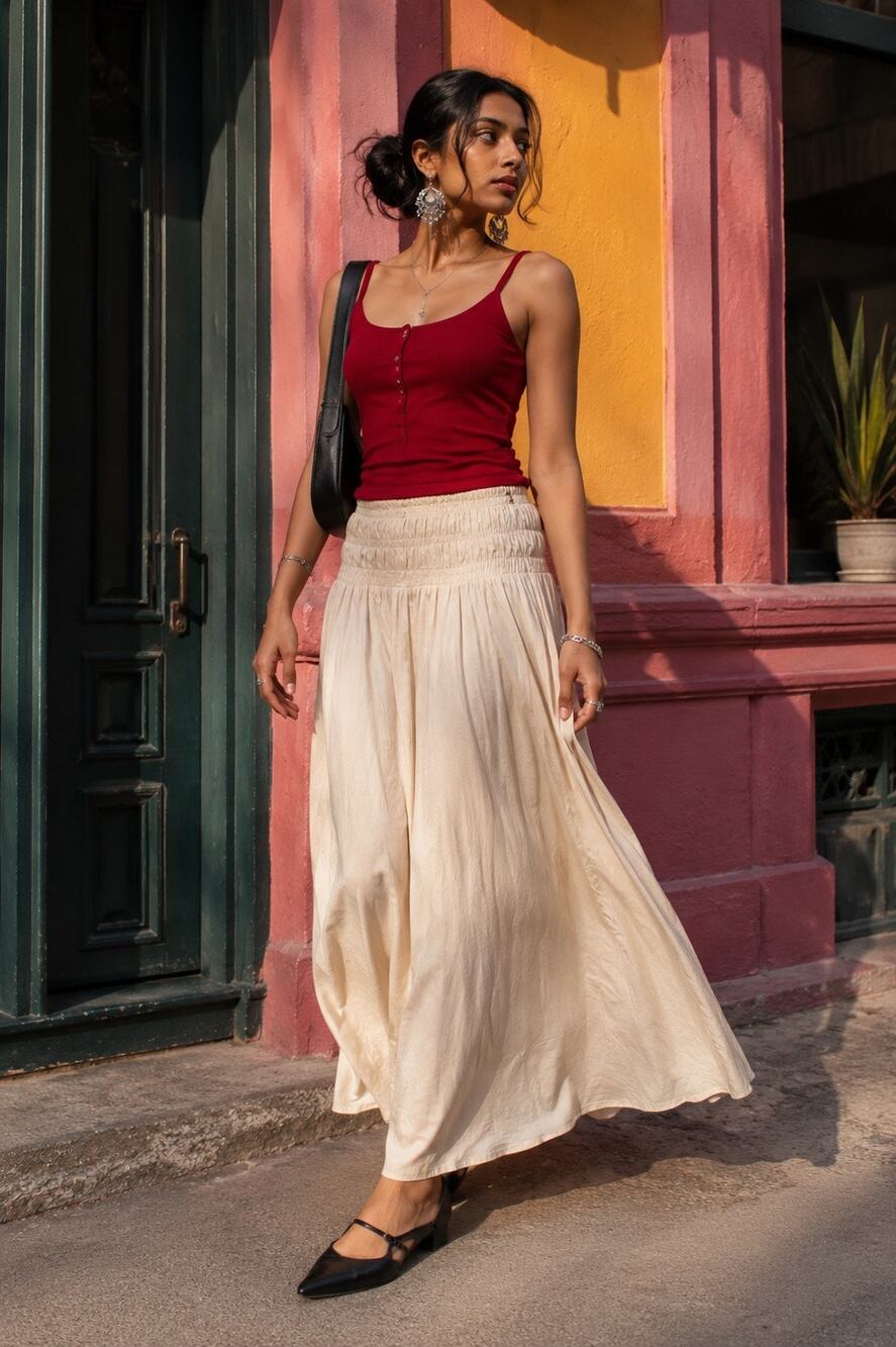 And Now This Beige Smocked Waist Flowy Maxi Skirt